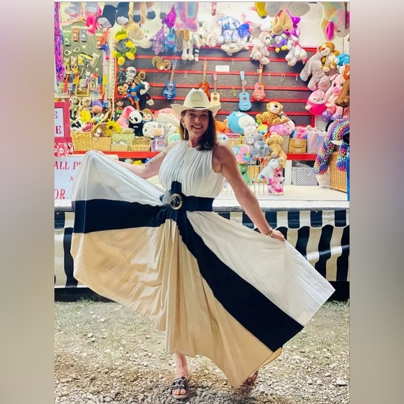 Bibhu Mohapatra Chic Black and White Maxi pleated Dress with Tan Accents size 16 - Picture 10 of 17